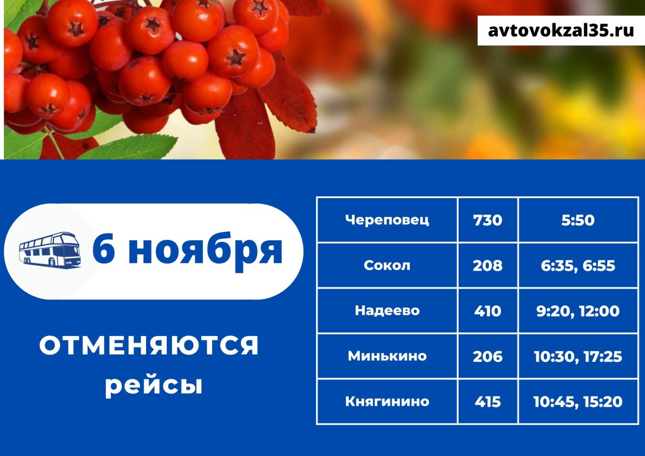Вологодский автовокзал внёс изменения в расписание междугородных и пригородных автобусов 5 и 6 ноября 2023 года