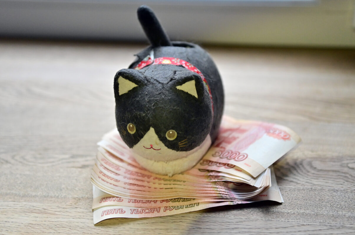 Фигурка кота на стопке денег